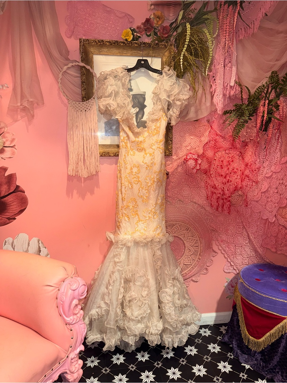 1980’s Vintage David Fielden 100% Pure Silk Embroidered Sequin Lace Ruffle Gown